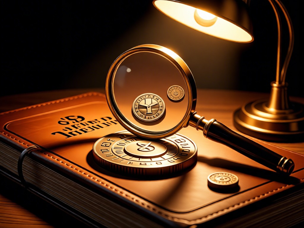A magnifying glass over antique coins on a leather-bound ledger. Warm desk lamp light creates dramatic shadows. No people.