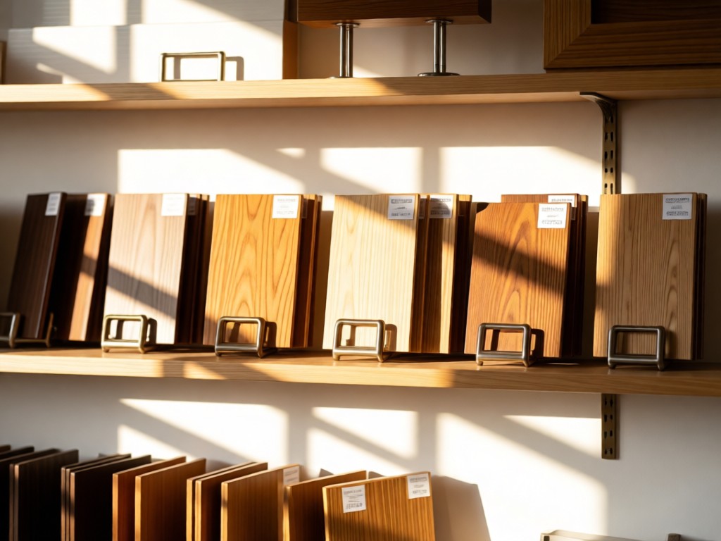 A neatly organized shelf of furniture samples with clearance tags in soft focus. Warm afternoon light creates geometric shadows on a white backdrop. Natural wood textures contrast with metallic fixtures.