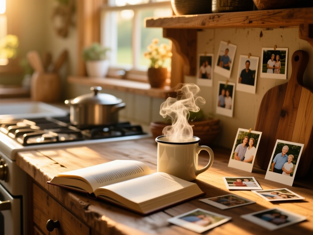 A rustic kitchen counter at golden hour, open recipe book beside a steaming mug, soft sunlight illuminating scattered polaroids of family moments, shallow depth of field, warm wood tones.