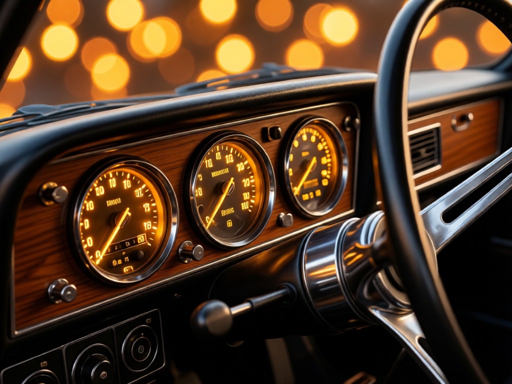 An angled shot of a vintage Datsun dashboard with analog gauges illuminated in soft amber light. Focus on the craftsmanship with warm bokeh in the background. No people.