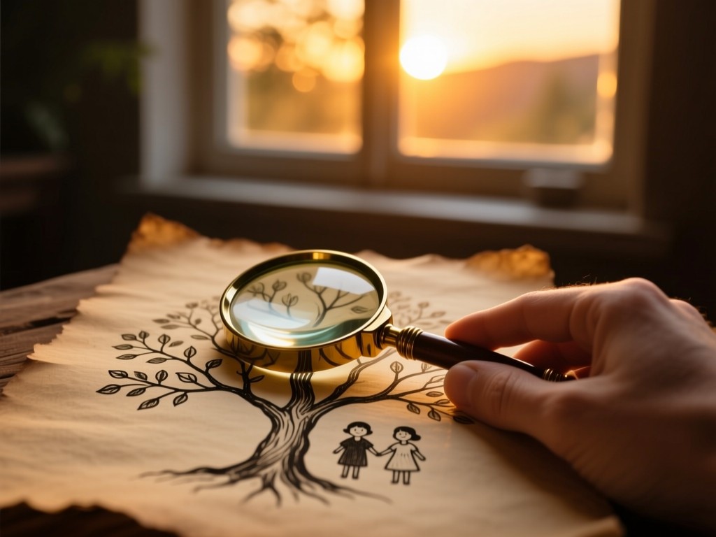 Antique magnifying glass resting on a hand-drawn family tree during sunset, golden light filtering through window, soft focus on parchment texture, warm earthy palette, no text.