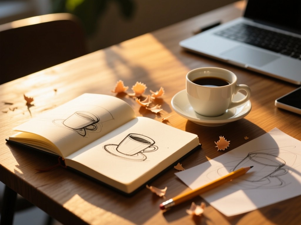 An open sketchbook beside a coffee cup on a wooden table during golden hour, sunlight catching pencil shavings and trace paper, shallow depth of field, creative workspace atmosphere.