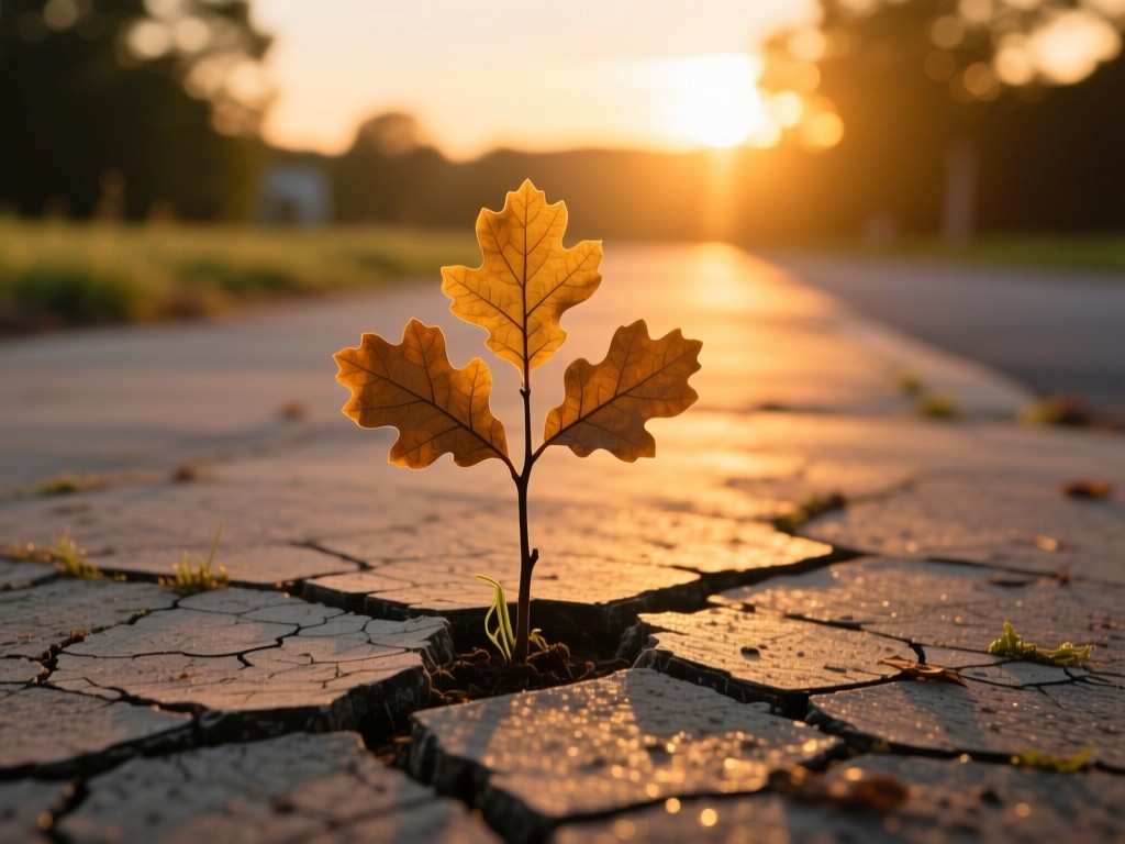 A single oak sapling growing through cracked pavement at golden hour, symbolizing resilience and growth, warm sunset backlight, shallow depth of field, no people.