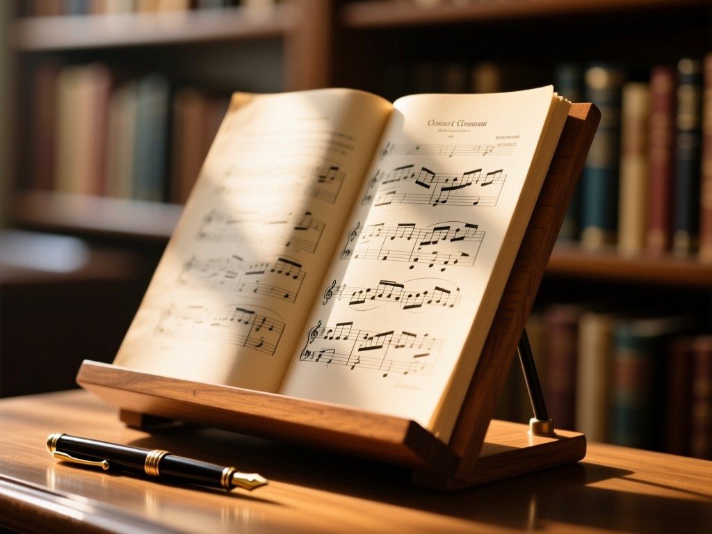 Close-up of elegant sheet music on a wooden stand, bathed in warm sunlight. A vintage pen rests beside it. Soft focus background with blurred bookshelves. No people.
