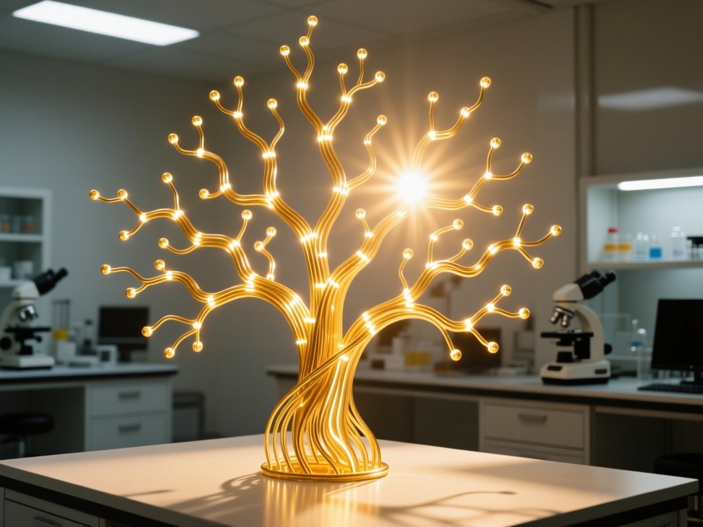 A neural network sculpture made of glowing golden wires in a sunlit lab, branches expanding outward symbolizing growth, warm light with soft shadows, minimalist tech aesthetic, no people.
