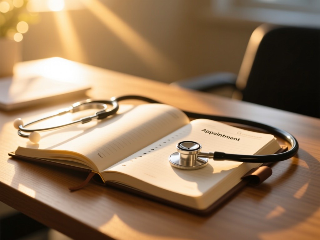 An open appointment book with a stethoscope on a wooden desk during golden hour, sun rays highlighting the empty slots, warm bokeh background, minimalist healthcare aesthetic.