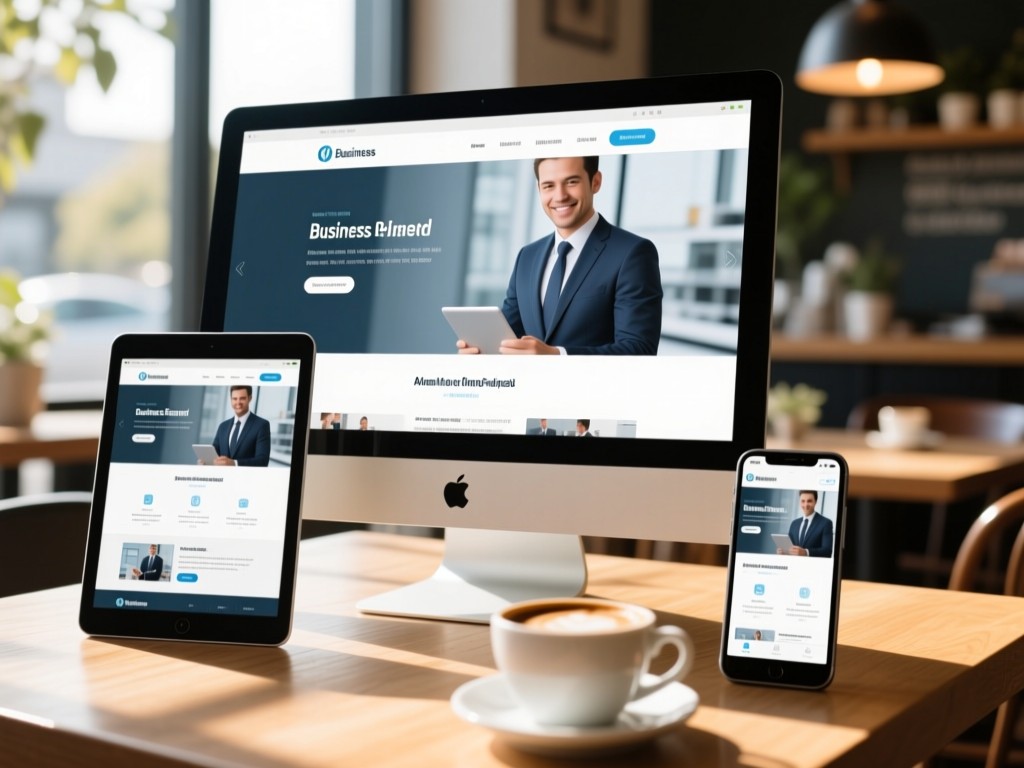 Three different-sized screens (desktop, tablet, phone) showing the same business website in a sunlit cafe setting. Coffee cup in foreground. Clean composition.
