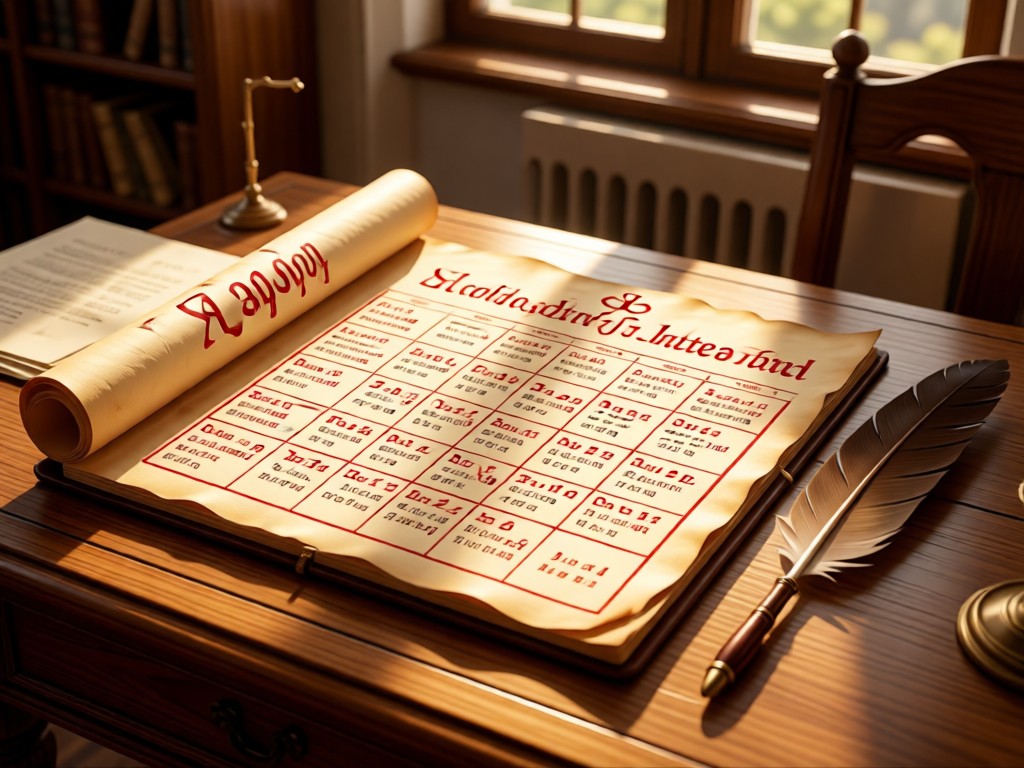 An open parchment calendar with Orthodox feast days marked in red ink. A quill pen lies beside it on a sunlit monastery desk. No people.