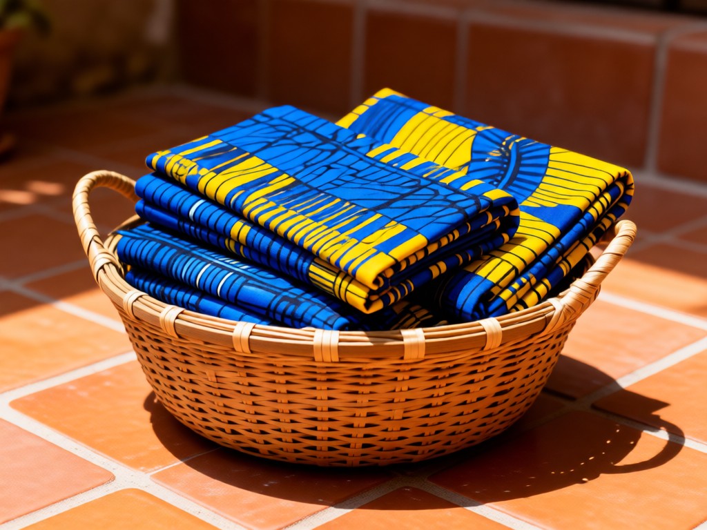 A handcrafted woven basket filled with folded Ankara fabrics, placed on sunlit terracotta tiles. Rich blues and yellows contrast with earthy background. Symbolizes curated cultural treasures. No people.