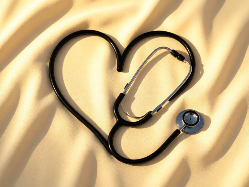 An aerial view of a single stethoscope forming a heart shape on cream-colored fabric. Soft shadows emphasize the curve. Symbolizes care and connection. Golden hour lighting. No people.