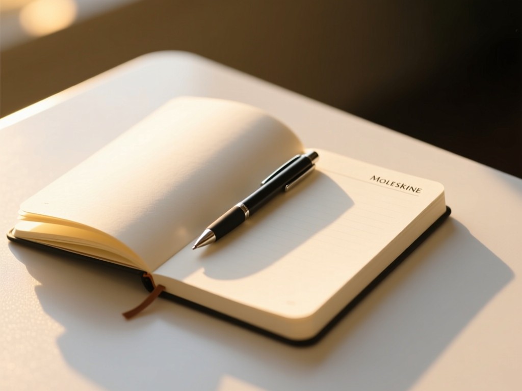 An open Moleskine notebook with a single pen on a white surface during golden hour, soft sunlight illuminating blank pages, shallow focus, representing simplicity and ease.