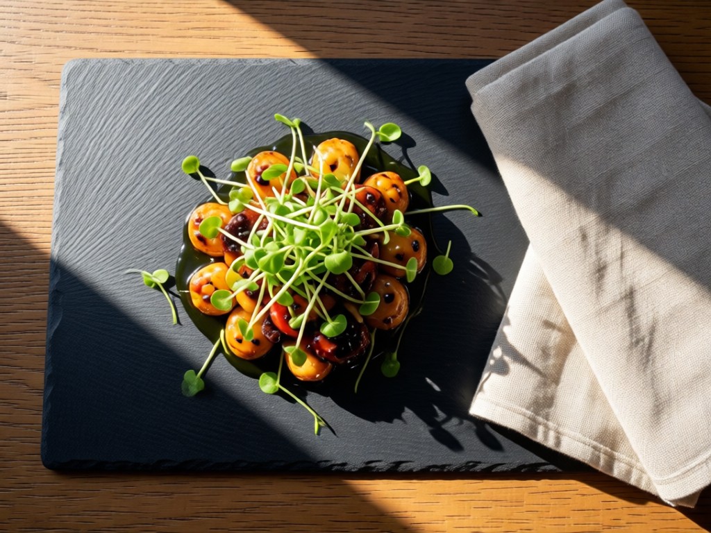 An overhead shot of a beautifully plated dish on a slate board, garnished with microgreens. Soft shadows accentuate textures under natural morning light. Nearby, a linen napkin folded neatly adds texture. No people.