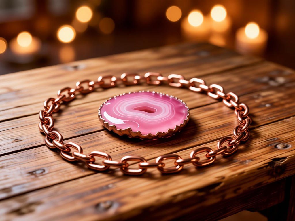 A rustic wooden desk with interlinked rose gold chains forming a circle around a single pink agate slice. Warm bokeh lights glow in the background. No people.