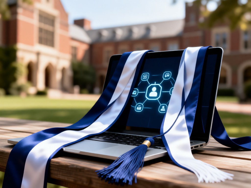 An artful arrangement of graduation cords in navy and white draped over an open laptop showing connection icons. Soft bokeh of campus architecture in background.