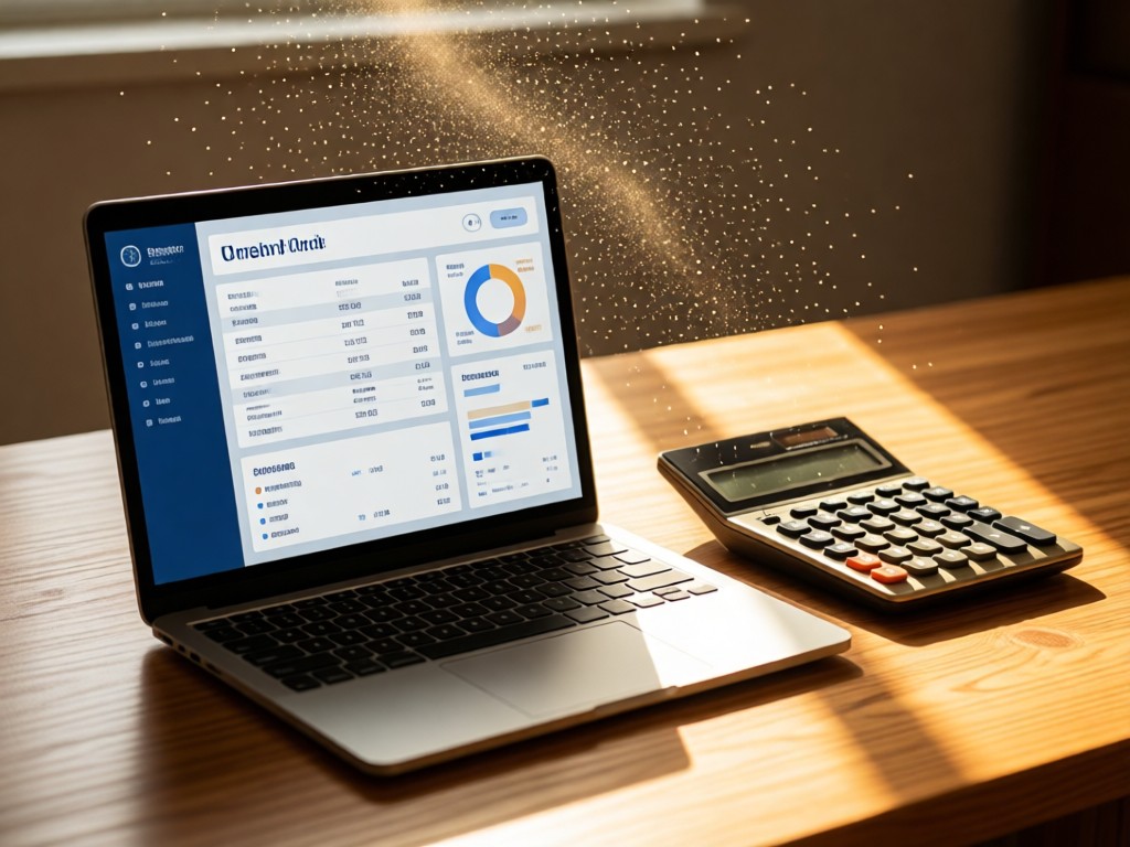 Laptop showing a clean order dashboard beside a vintage calculator. Sunlight highlights dust motes above warm wooden surface. No screens visible.