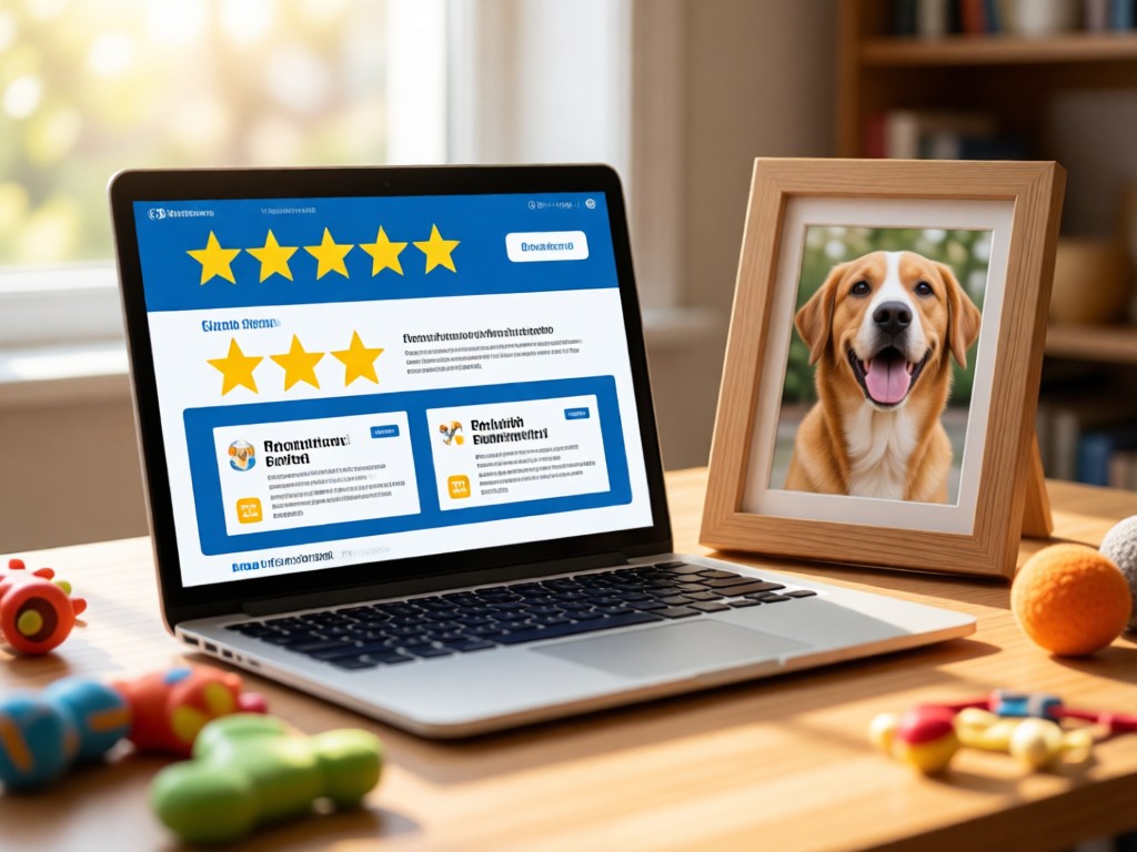 A laptop showing five-star reviews beside a framed photo of a smiling dog. On a desk with scattered pet toys in soft focus. Cozy, natural lighting. No people.