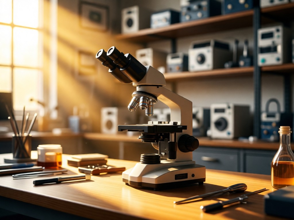 A single microscope centered in a sunlit lab with out-of-focus equipment shelves. Golden hour rays emphasize precision and clarity. Symbolizes focus and professional tools. No people.