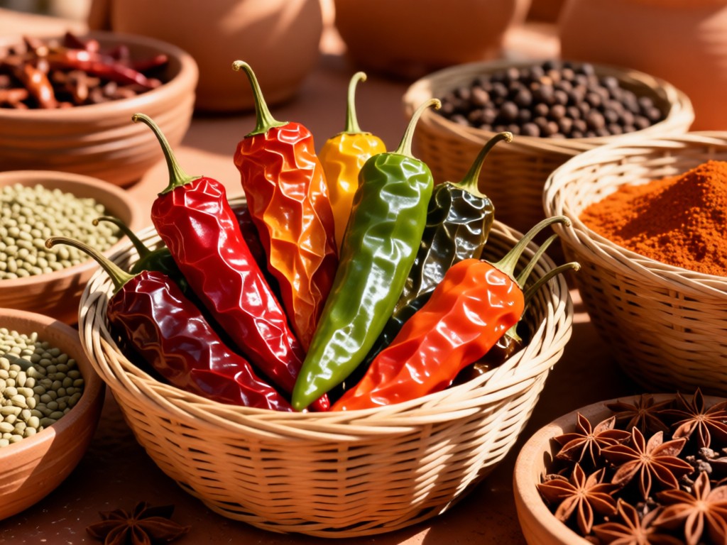 Close-up of colorful dried peppers and spices in woven baskets. Sunlight highlights textures against a terracotta backdrop. Focus on natural colors and cultural authenticity. No people.