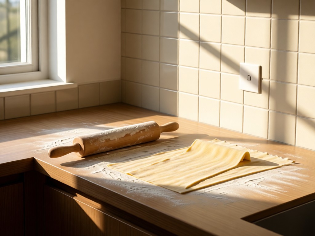 Minimalist kitchen counter with flour-dusted rolling pin beside fresh pasta sheets. Soft afternoon light through window creates texture shadows. No people.