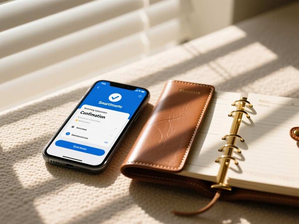 Smartphone displaying booking confirmation beside a leather planner. Sunlight filters through blinds onto textured surface. Clean composition. No people.
