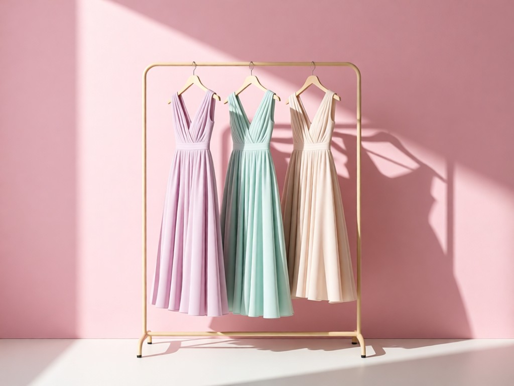 A minimalist clothing rack holding three pastel couture dresses against a blush pink wall. Soft shadows emphasize fabric draping. No people.