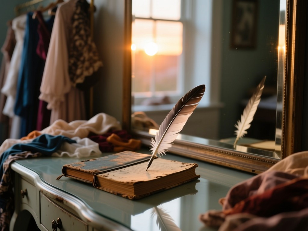 A weathered journal and feather quill on a dressing room mirror table during sunset, reflected in glass, soft natural light, scattered costume fabrics in background, shallow focus, no text.