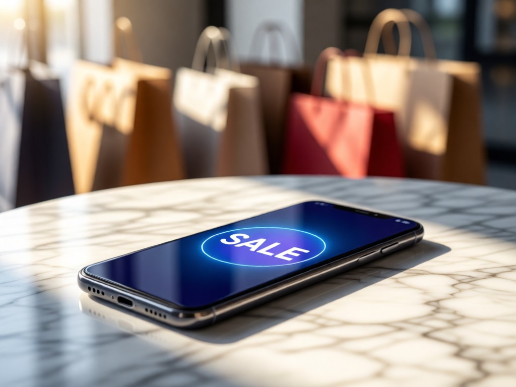Smartphone displaying a 'SALE' notification on a marble surface. Soft sunlight highlights the screen. Blurred background of shopping bags. Clean tech aesthetic. No people.