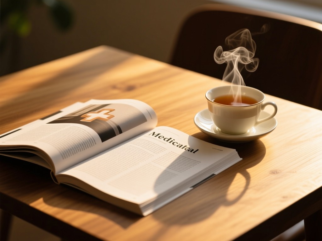 An open medical journal beside a steaming teacup on a wooden table, golden hour light highlighting page texture, soft shadows, minimalist composition.