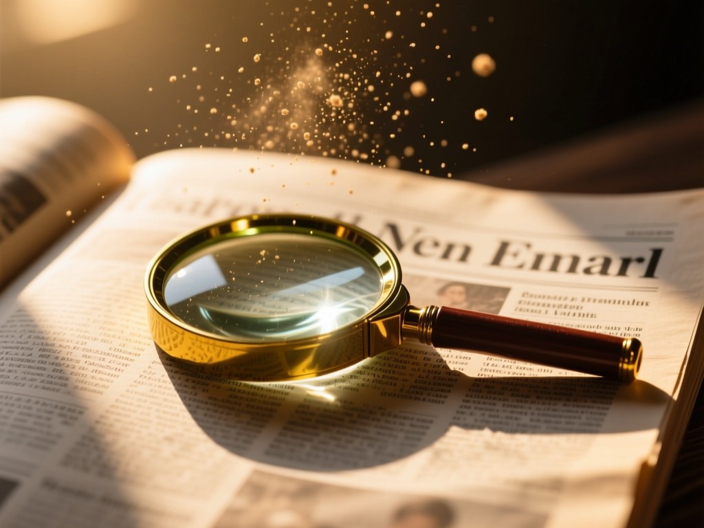 A magnifying glass resting on a textured page of newsprint. Sunlight highlights dust motes in the air above it. Warm, focused composition. No people.