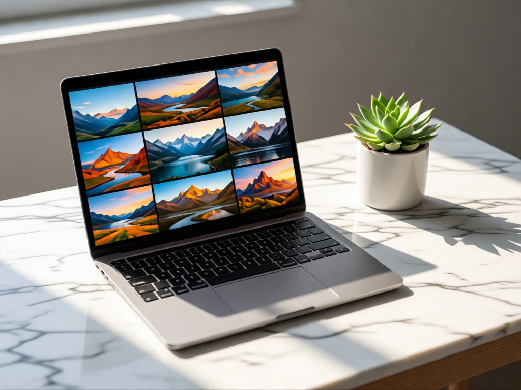 An open laptop displaying a grid of landscape photos on a marble desk. A single succulent plant beside it catches morning light. Clean and minimalist.