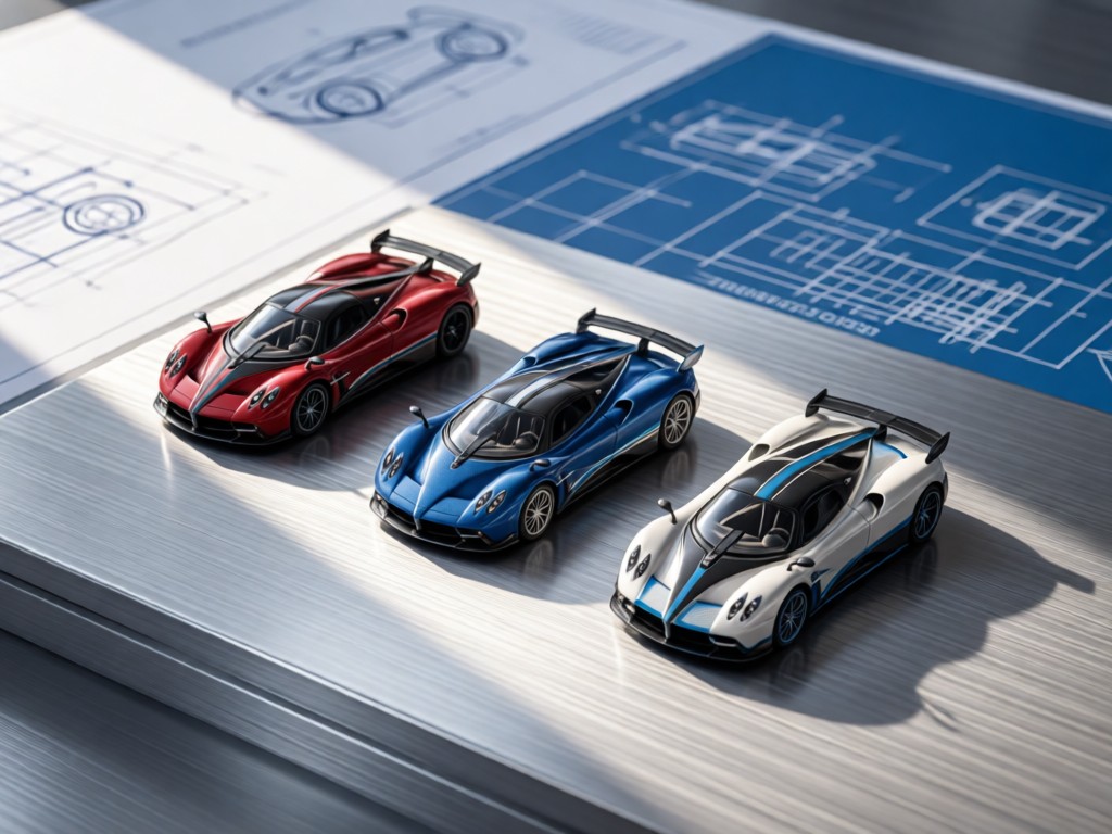Aerial view of three miniature Pagani models (Huayra, Zonda, Utopia) arranged on a brushed aluminum surface. Soft directional lighting creates long shadows. Background features out-of-focus blueprints. Clean and modern. No people.