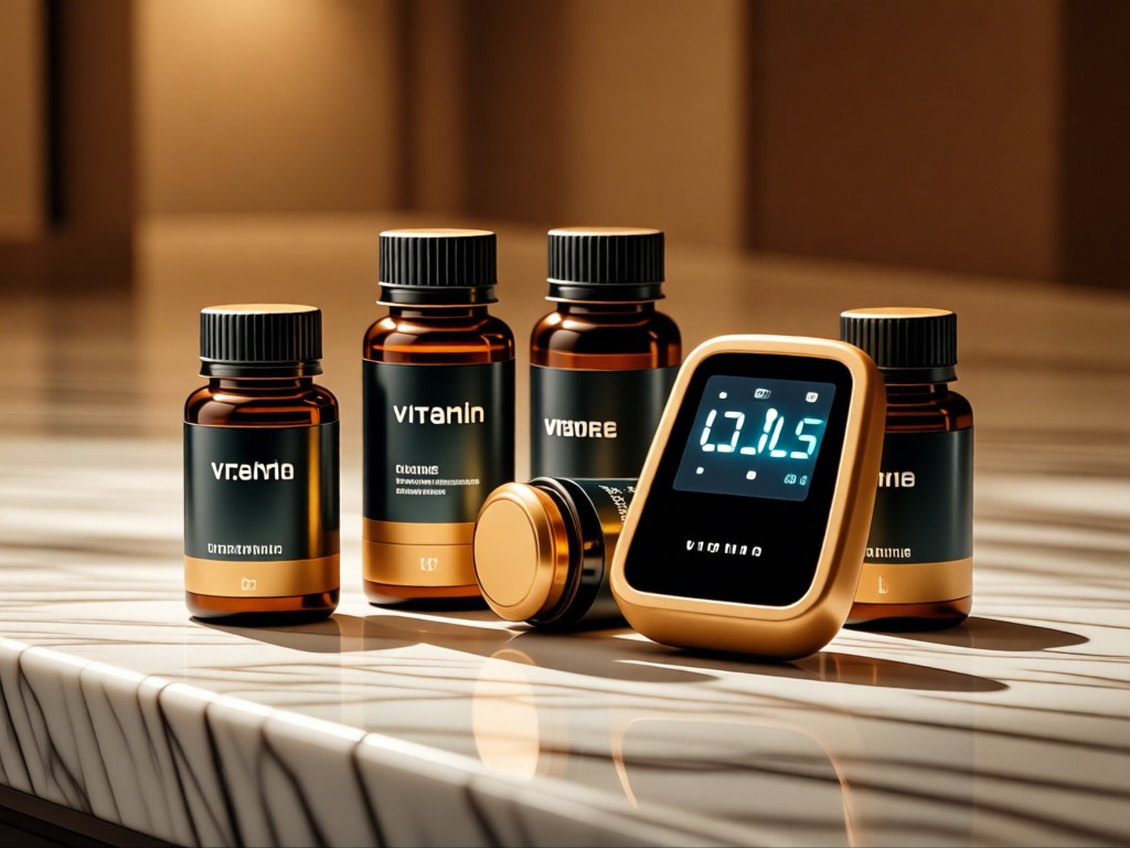 Close-up of premium vitamin bottles and health monitors arranged artfully on marble countertop. Warm golden light enhances textures, focus on product presentation. No people.