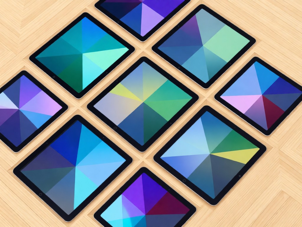Aerial view of multiple synchronized tablets displaying cohesive color palettes. Devices arranged in a geometric pattern on a light oak surface. Soft diffused lighting. No people.