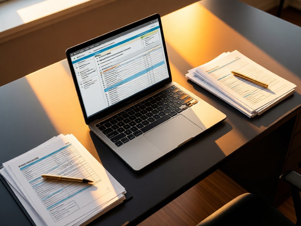 Aerial view of a sleek desk with open laptop displaying a tax portfolio, surrounded by organized tax documents and a gold pen. Golden hour light creates warm highlights. Professional and uncluttered. No people.