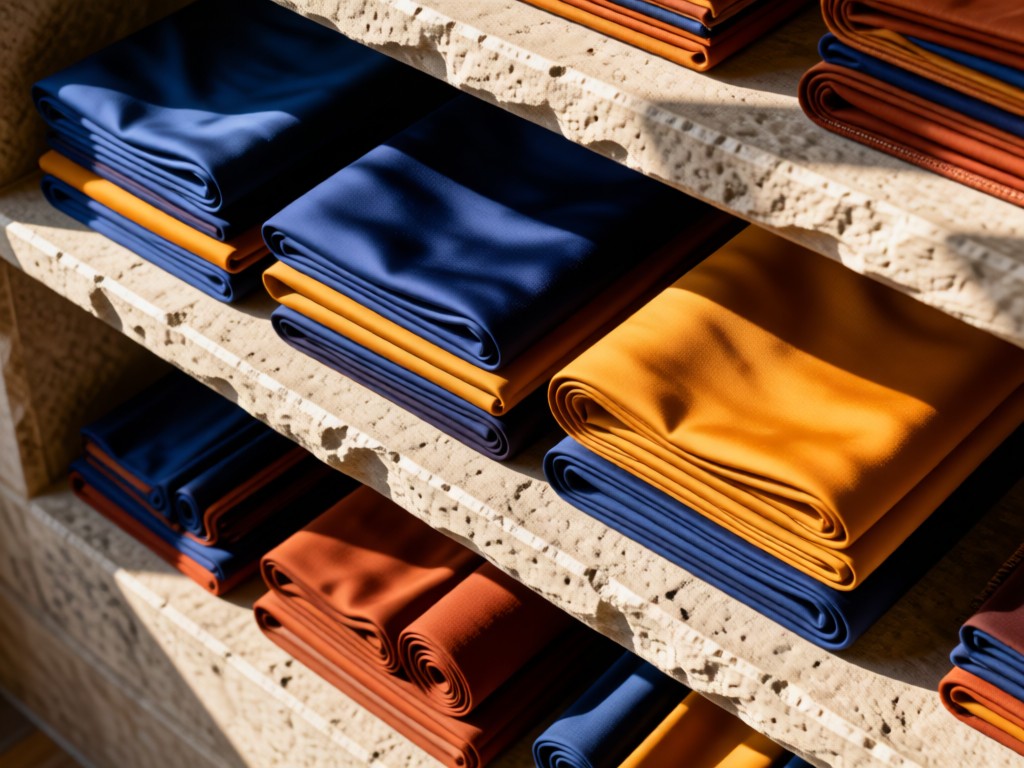 An aerial view of a perfectly folded textile collection on a stone shelf. Rich indigo, ochre, and terracotta fabrics glow in afternoon light. Represents organization and professional presentation. No people.