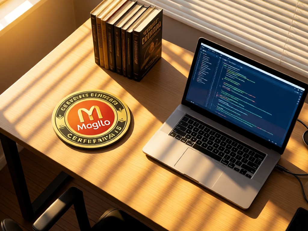 Aerial view of a organized desk with Magento certification badge, coding books, and laptop showing clean interface. Golden hour light creates long shadows. Symbolizes expertise and efficiency. No people.