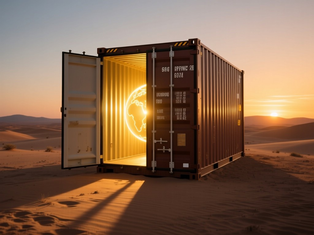 A single shipping container door open to reveal glowing golden light inside. Positioned in an empty desert at sunset with long dramatic shadows. Symbolizes gateway to global opportunity.