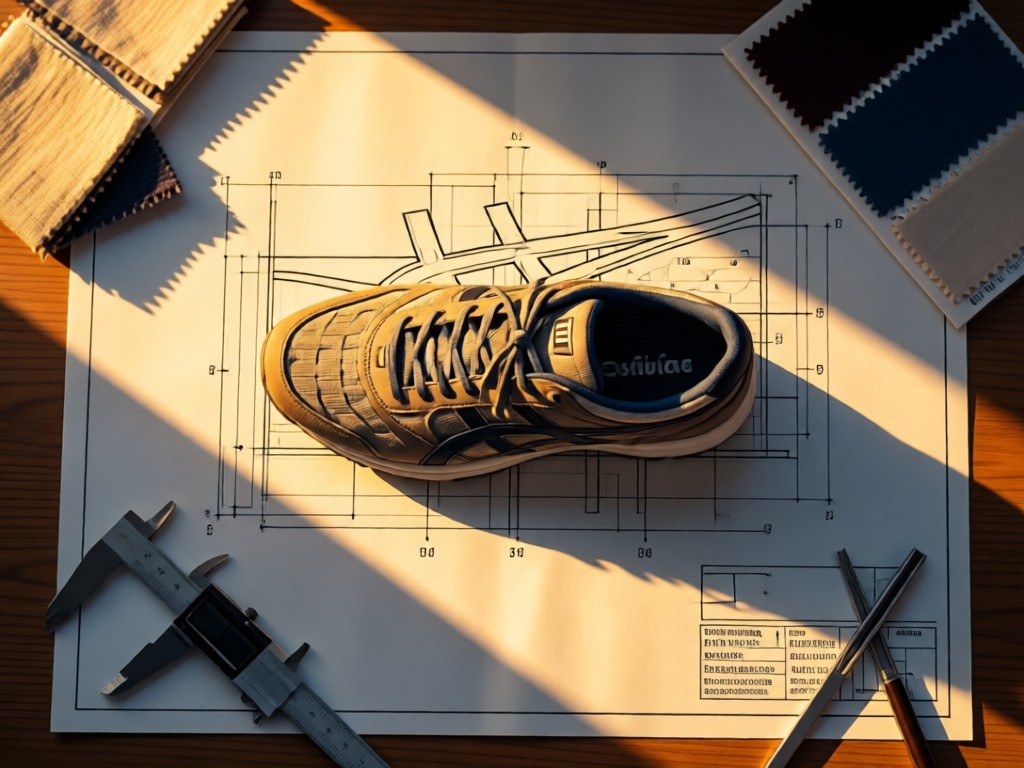 Aerial view of single Onitsuka shoe centered on design blueprint paper. Golden hour light, long shadows. Tools like calipers and fabric swatches frame the composition. No people.