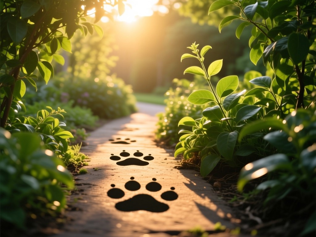 Paw prints leading down a sun-dappled garden path during golden hour, vibrant green foliage, symbolic of discovery and growth, soft warm lighting, minimalist natural composition.