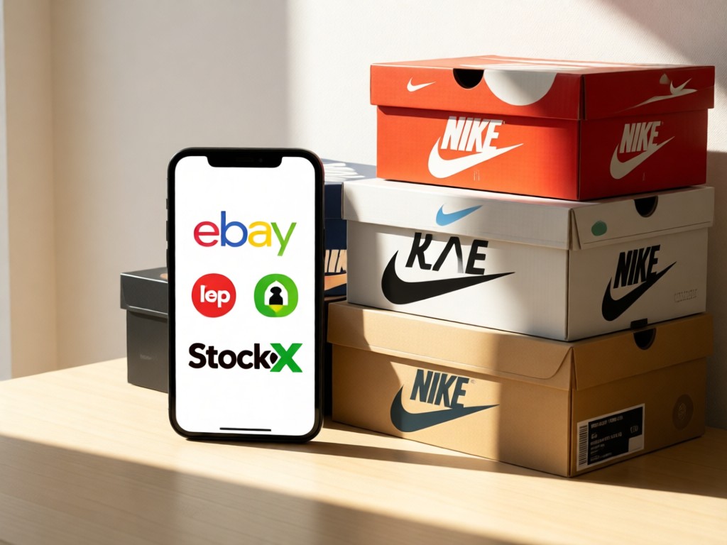 A minimalist phone showing linked eBay, Depop and StockX icons beside vintage Nike shoeboxes stacked neatly. Morning light creates clean shadows. No people.