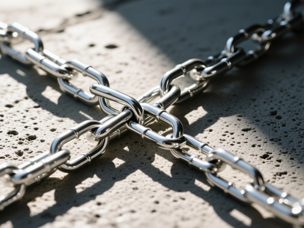 Interlocking silver chain links on a textured concrete surface. Sunlight creates dramatic shadows between each link. Minimalist and symbolic. No people.
