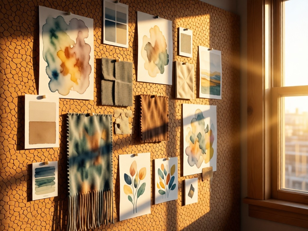 A designer mood board pinned to a rustic cork wall. Features watercolor samples, fabric swatches, and mini canvas sketches. Golden hour light streams through a nearby window. Textured and cohesive. No people.