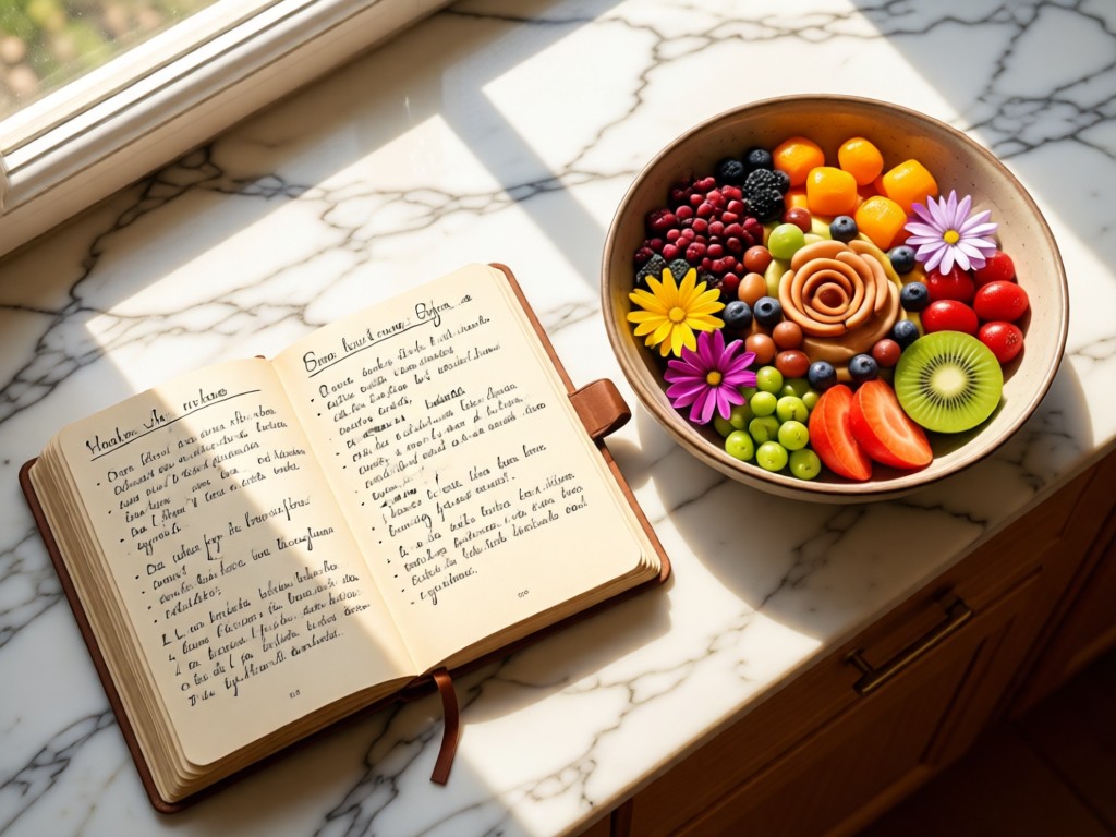 Overhead shot of an open recipe journal beside a bowl of colorful superfoods on a marble counter. Natural light highlights handwritten notes and edible flowers. Warm, inviting tones. No people.