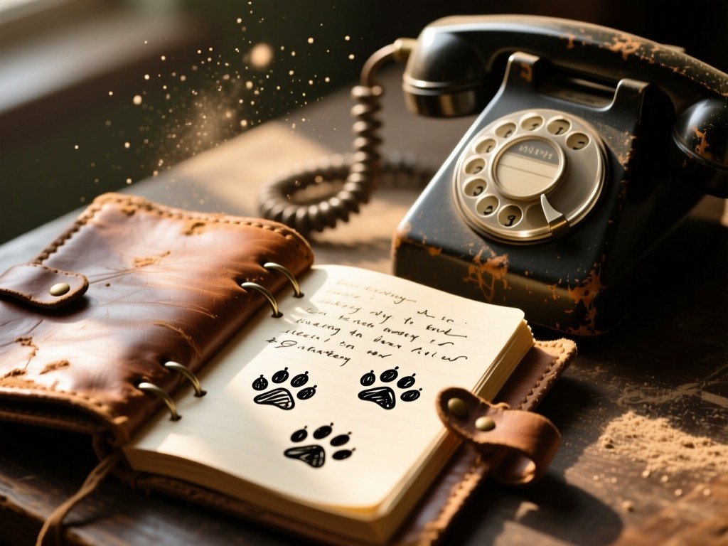 A weathered leather journal open to handwritten notes beside a vintage rotary phone. Sunlight highlights dust particles. On the page: doodles of paw prints. Cozy and professional. No people.