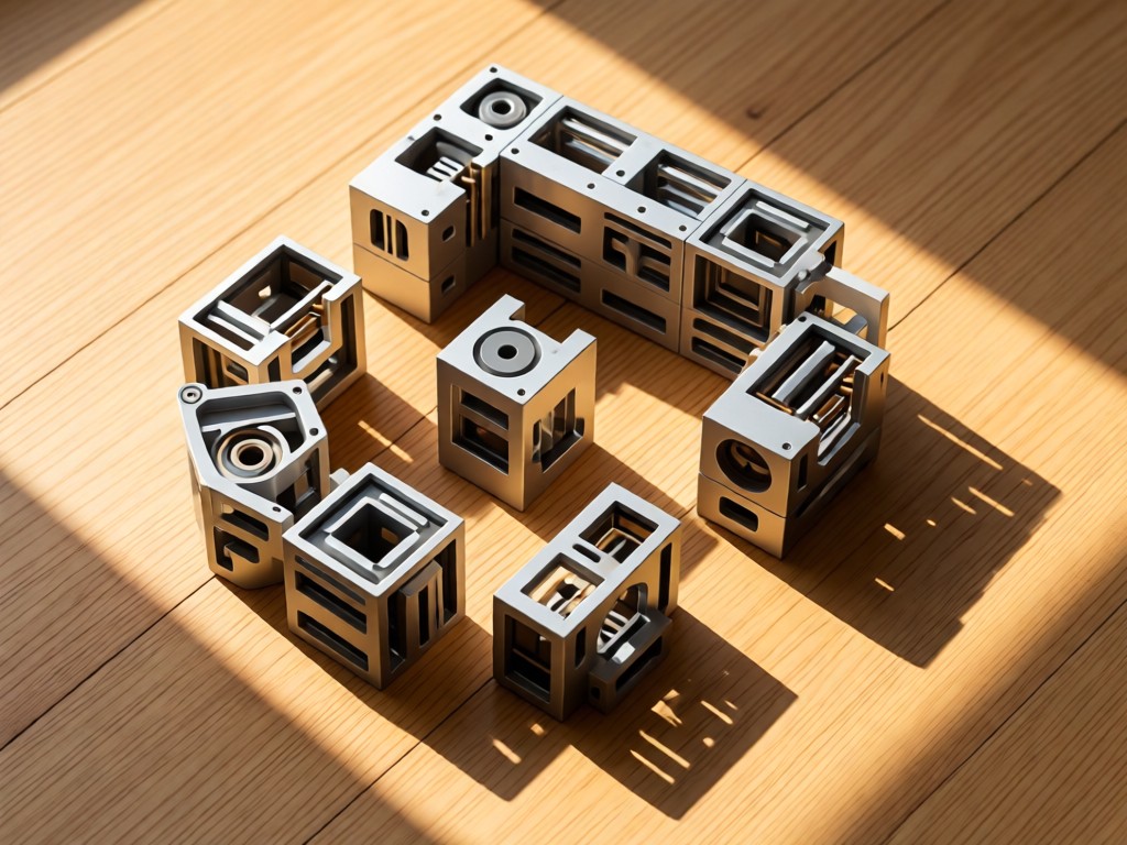Overhead shot of modular robotic components arranged like architectural blocks on a sunlit wooden surface. Soft shadows emphasize geometric precision. No text.