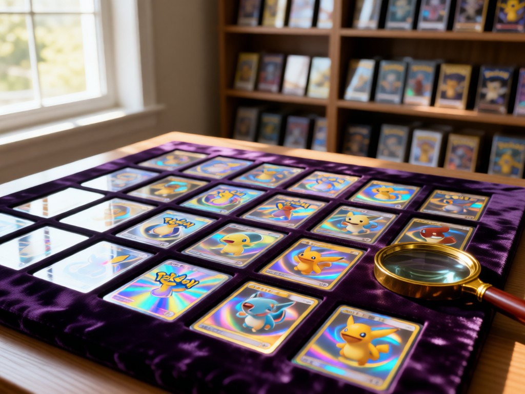 A neatly arranged grid of holographic Pokemon cards on a velvet display mat. Soft window light highlights their shimmer. A magnifying glass rests nearby. Background features out-of-focus collectible shelves. No people.