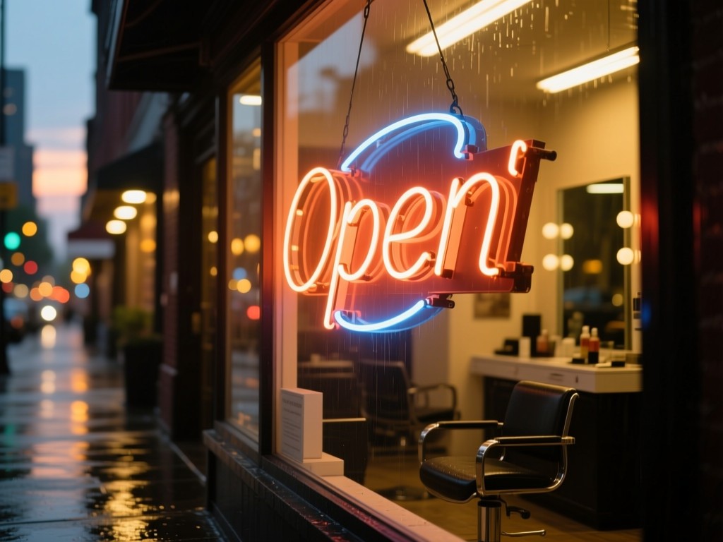 Neon 'Open' sign glowing in a salon window at dusk, warm light spilling onto wet pavement, shallow focus on the sign with blurred city lights in background, cinematic golden hour tones.