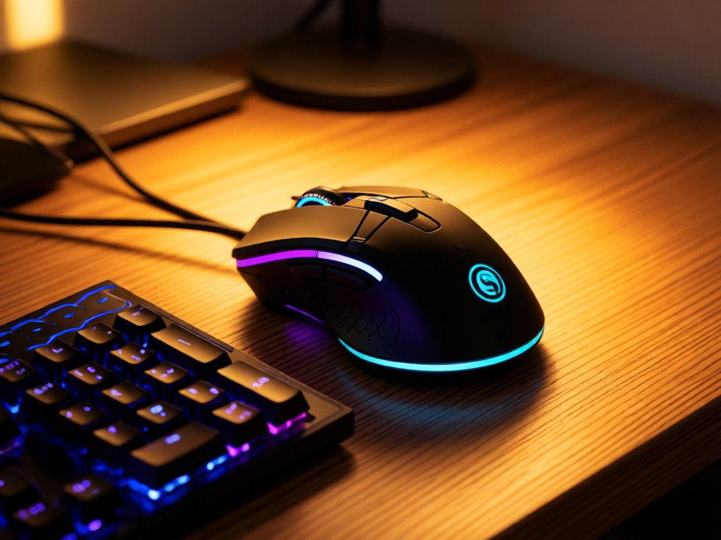 Gaming mouse and keyboard with subtle RGB glow on wooden desk. Golden hour lighting. No people.