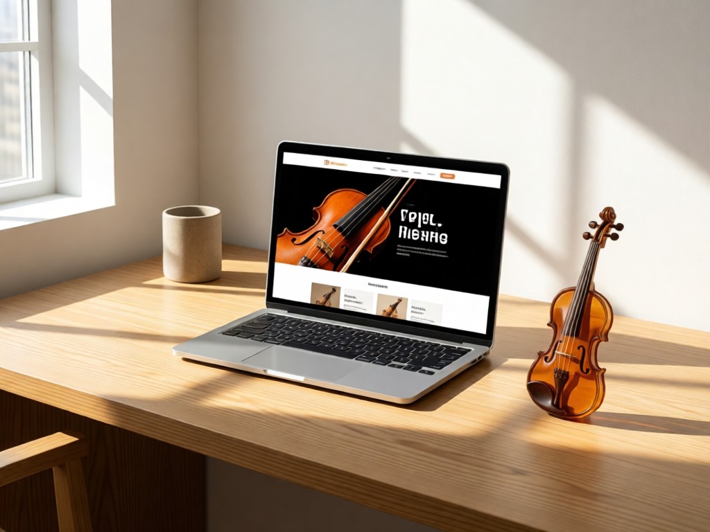 Minimalist desk with open laptop showing a violin-themed website template. A resin violin pendant beside it catches sunlight. Clean composition with natural textures.