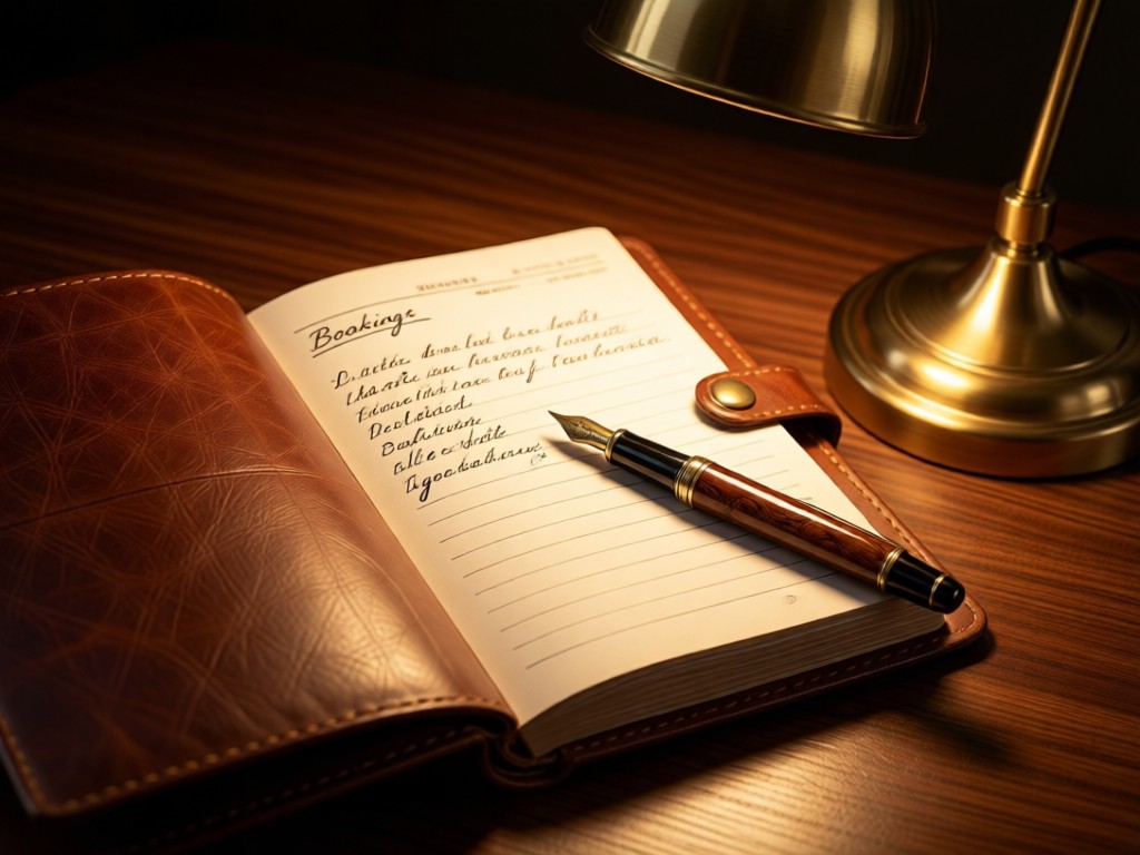A leather-bound notebook open to a handwritten bookings page. A vintage pen rests diagonally across it. Warm light from a nearby brass desk lamp creates cozy shadows. Professional yet personal. No people.